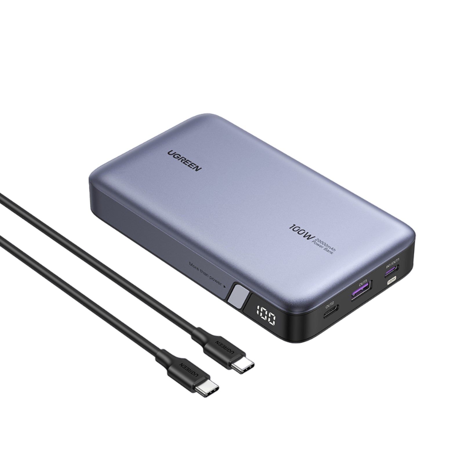 Power Bank de 20000mAh | 3 Salidas 100W Max. | USB-A + 2 USB-C | PD 3.0 | QC3.0 | FCP | SCP | Pantalla Inteligente | Carcasa Ignifuga | Color Gris | Incluye Cable USB de 50cm | Carga tu Laptop de Manera Segura.