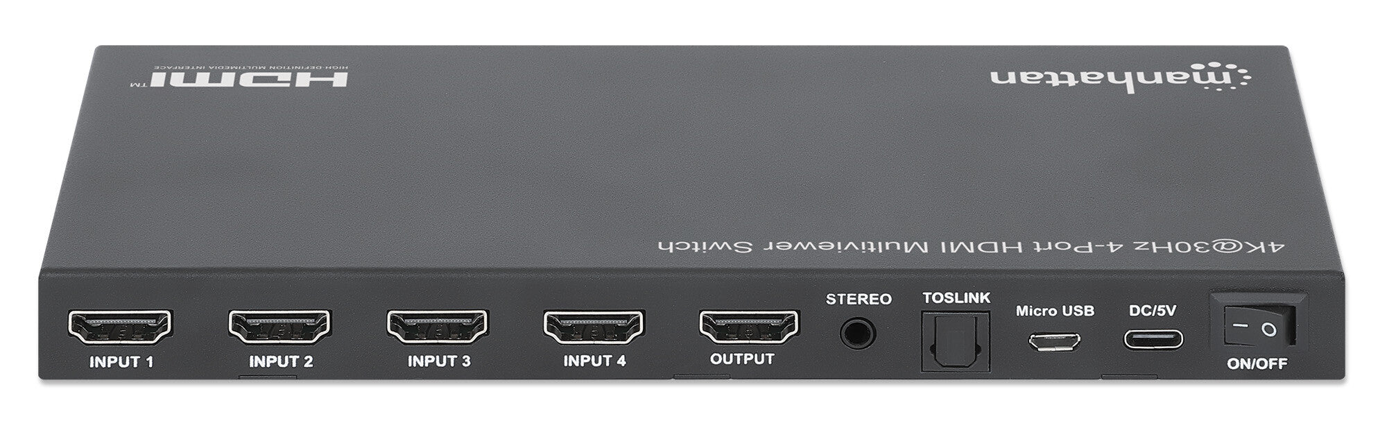 Manhattan Proyecta hasta cuatro fuentes de entrada HDMI en una pantalla de salida HDMI (4x1), múltiples opciones de visualización, incluidas imagen en imagen y pantalla doble/cuádruple, botón o control remoto, audio de 3,5 mm y Toslink, negro