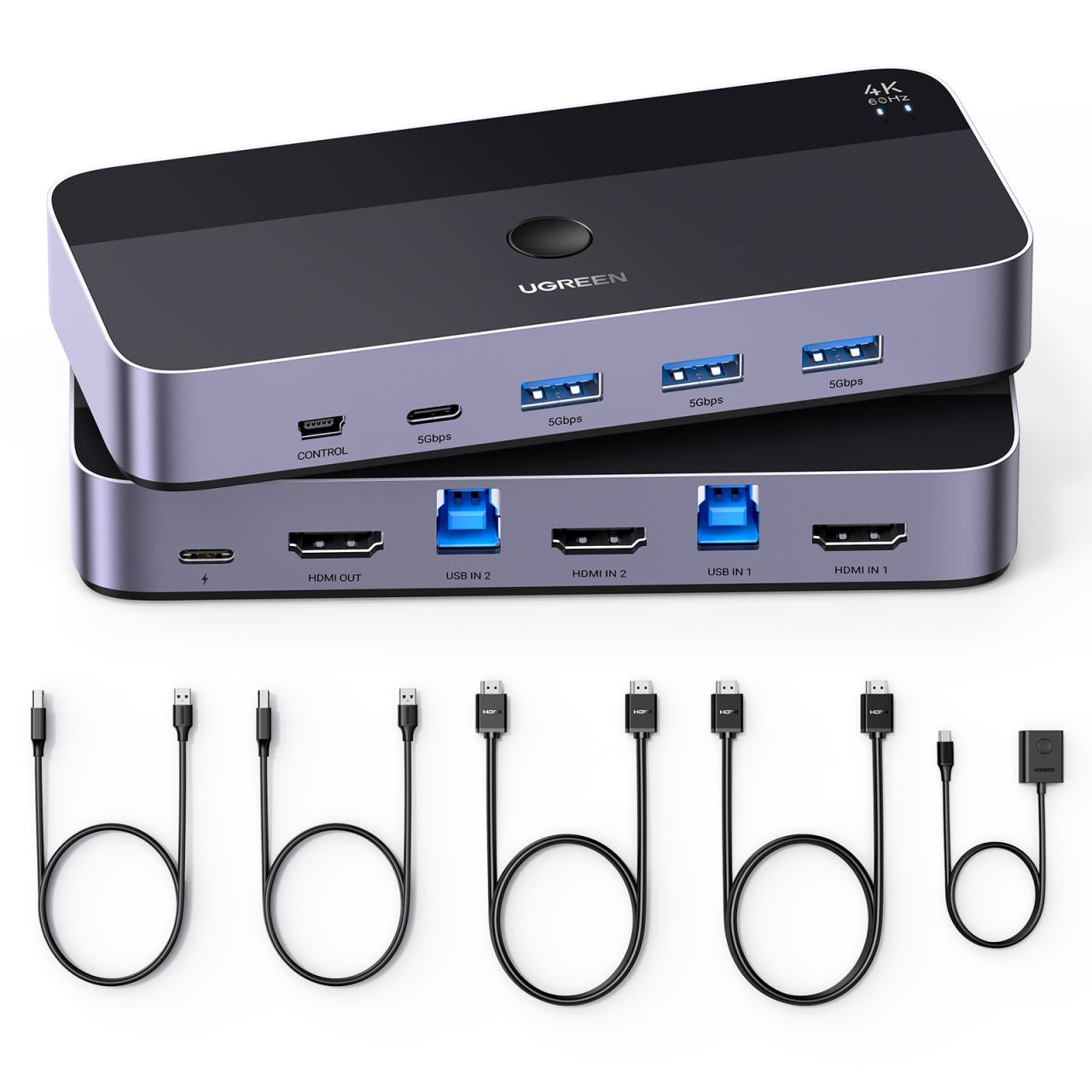 Conmutador KVM HDMI 4K | HDMI 2.0 | 2 Entradas 1 Salida | 4 Puertos USB 3.0 (3 USB-A *1 USB-C) | Soporta 4K@60Hz | HDR | Indicador Led | Compatible Win, MacOs y Linux | Carcasa de Aluminio.