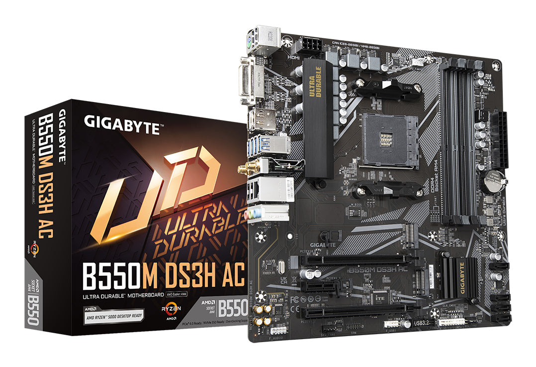 MB GIGABYTE AMD B550M DS3H AC S-AM4 5A GEN/4X DDR4 2666/DP/HDMI/M.2/6X USB 3.2/USB-C/WIFI/BLUETOOTH/MICRO ATX/GAMA MEDIA/GAMER