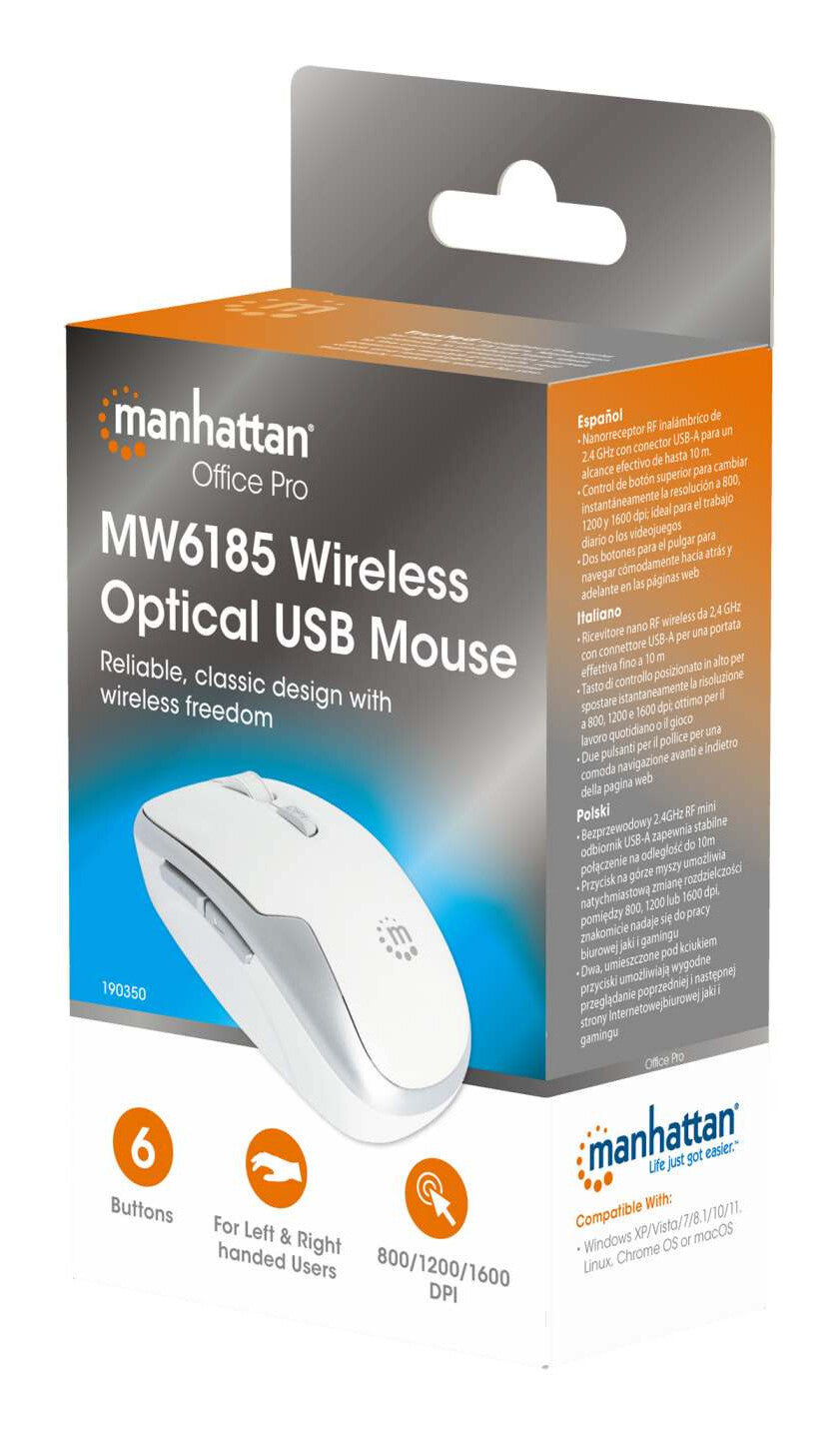 Manhattan Nanorreceptor USB-A, seis botones con rueda de desplazamiento, 800/1200/1600 ppp, contorno agradable para la muñeca, blanco