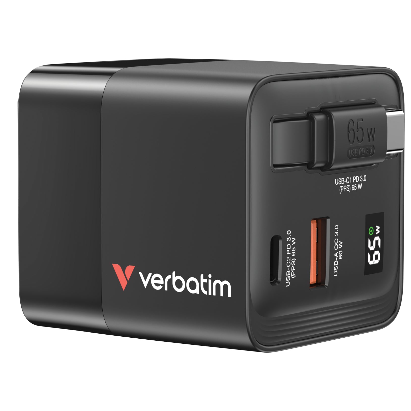Cargador Verbatim GaN 65W de Cable retráctil