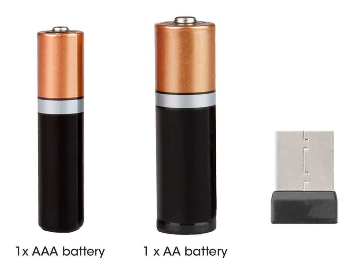 Manhattan Un solo receptor USB-A Nano para ambos, teclado inalámbrico con 12 teclas multimedia/función, mouse óptico ambidiestro con tres botones y rueda de desplazamiento, 1200 ppp, negro/plateado