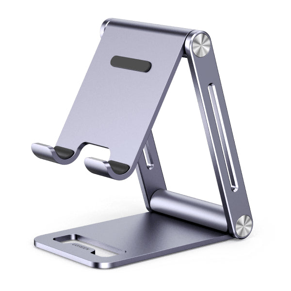 Soporte para Teléfono Celular de Aluminio | Angulo Ajustable | Amplia Compatibilidad con dispositivos de 4.7'' a 7.9'' | Antideslizante | Antiarañazos | Plegable | Color Gris.