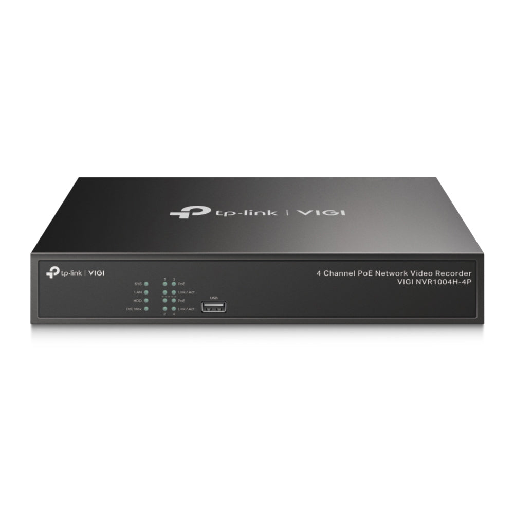 NVR TP-LINK VIGI VIGI NVR1004H-4P NVR POE 4 CANALES HDMI 4K H.265 ONVIF PLUG AND PLAY AUDIO BIDIRECCIONAL GRABACION CONTINUA 24/7 ANCHO DE BANDA 80MBPS