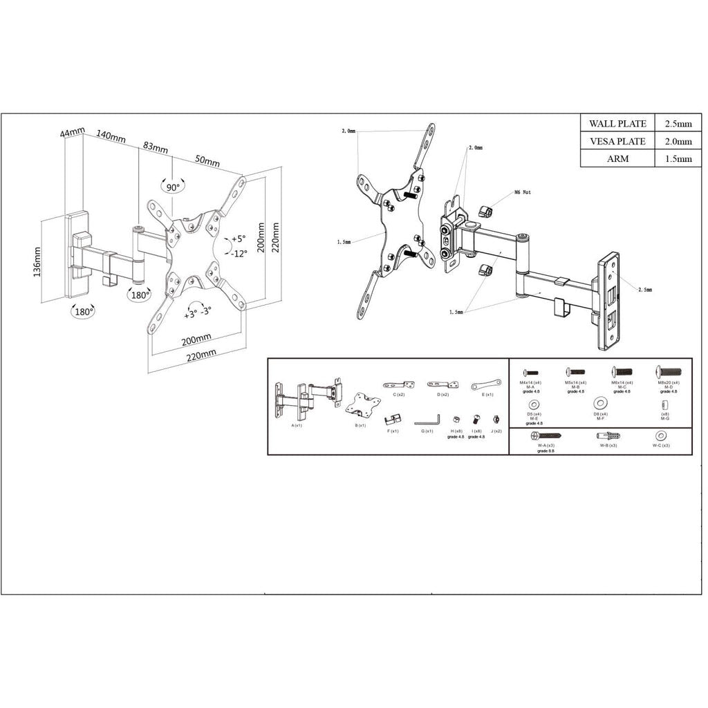 Manhattan Soporte para TV, de pared, movimiento articulado, pantallas planas de 13" a 43" de máximo 20 kg