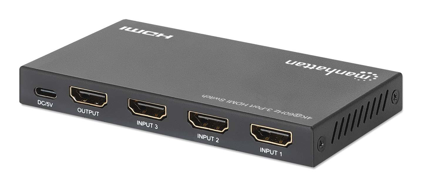 Manhattan Alterna entre tres entradas HDMI en una salida HDMI (3x1), 4K60Hz, 18G, conmutación automática y manual, mando a distancia por infrarrojos, negro