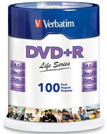 DVD+R Verbatim Life Series 16X 4.7GB 100-Pack Spindle