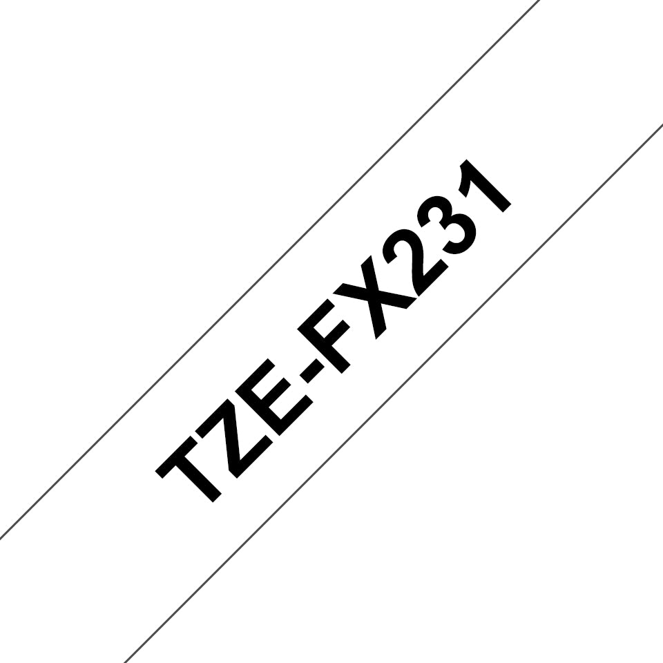 Cinta Brother TZEFX231 Laminada Flexible Texto Negro Fondo Blanco 12mmx8m