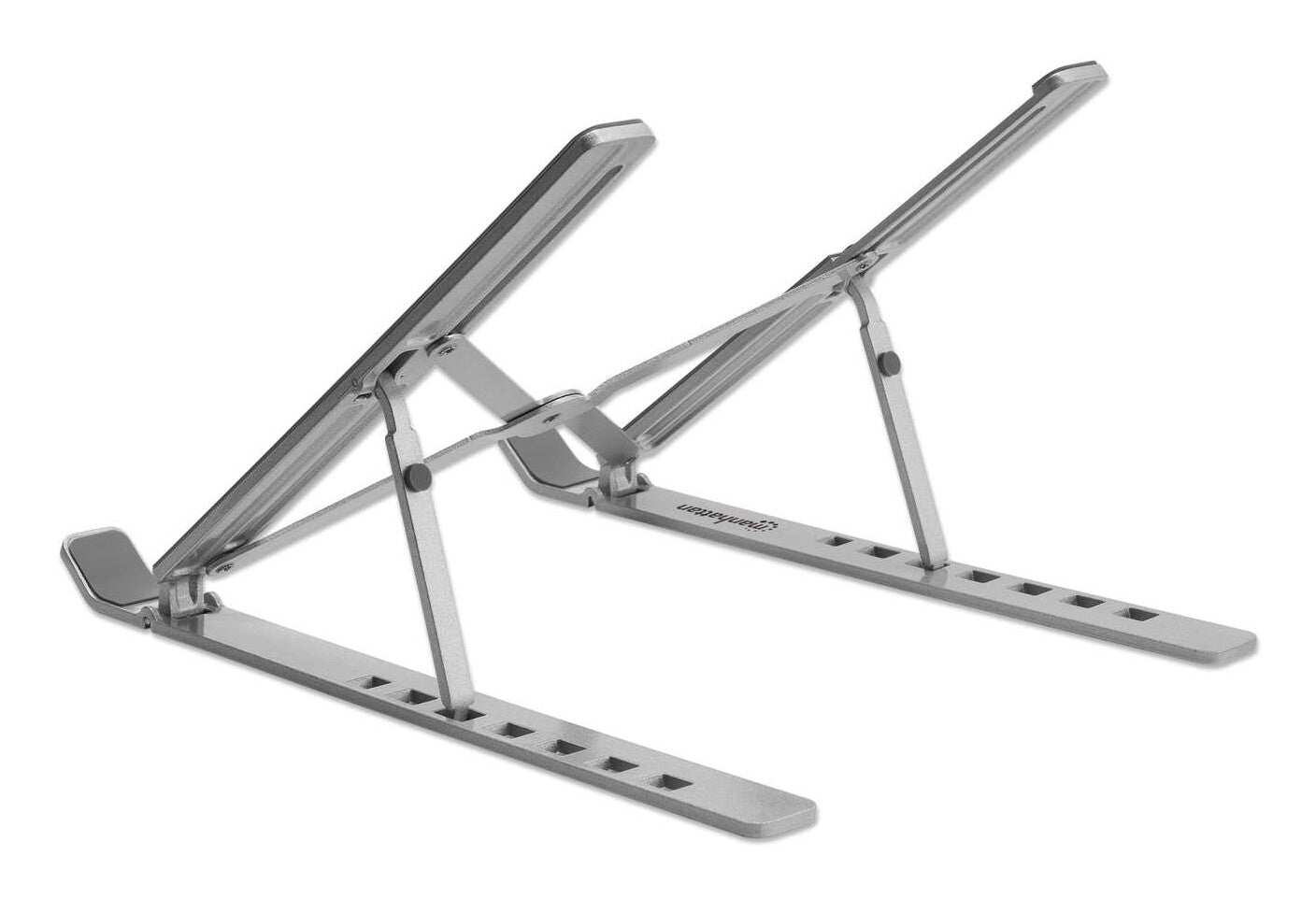Manhattan Soporte ergonómico, plegable en siete posiciones, para laptops y otros dispositivos de hasta 15.6" y 5 kg (11 lbs.), ligero, aluminio de alta calidad, ventilado, color plateado