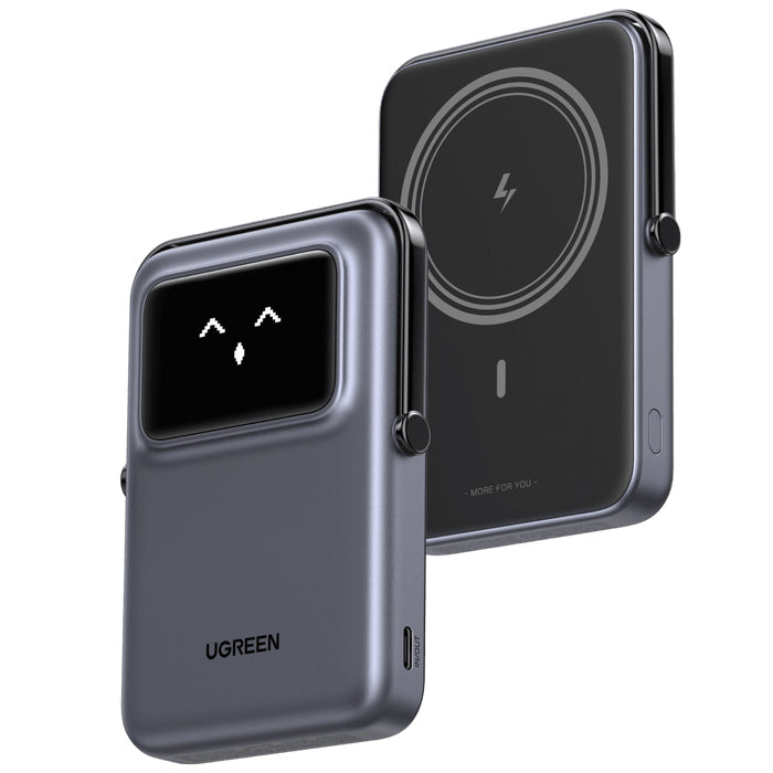 Power Bank Serie UNO Inalambrico | 10000mAh | 7.5W/20W  |  Con Emojis de Estado | Carga Rápida USB-C Bidireccional  | Pantalla TFT  Inteligente | Con Holder | Color Grey.