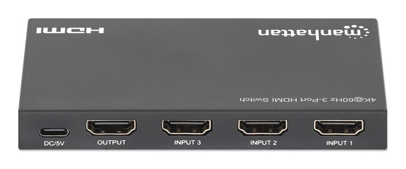 Manhattan Alterna entre tres entradas HDMI en una salida HDMI (3x1), 4K60Hz, 18G, conmutación automática y manual, mando a distancia por infrarrojos, negro