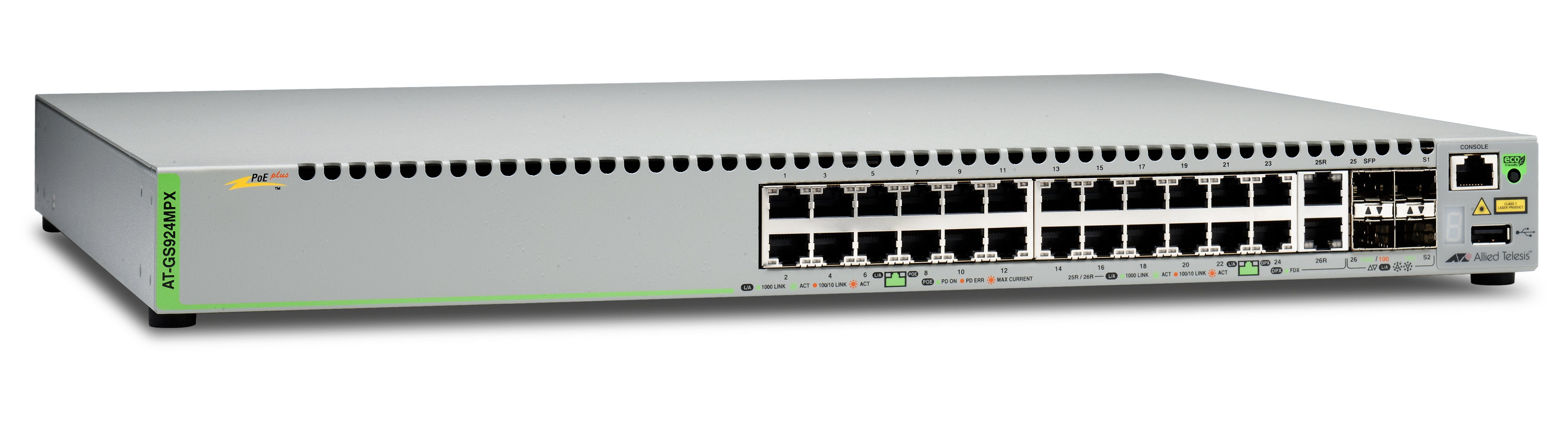 Switch PoE+ Stackeable Capa 3, 24 puertos 10/100/1000 Mbps + 2 puertos SFP Combo + 2 puertos SFP+ 10 G Stacking, 370 W