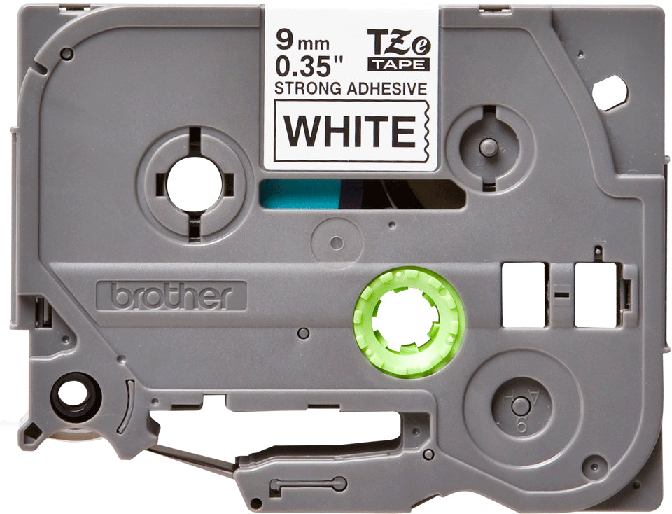 Cinta Brother TZeS221G Laminada Súper Adhesiva Texto Negro Fondo Blanco 9mmx8m