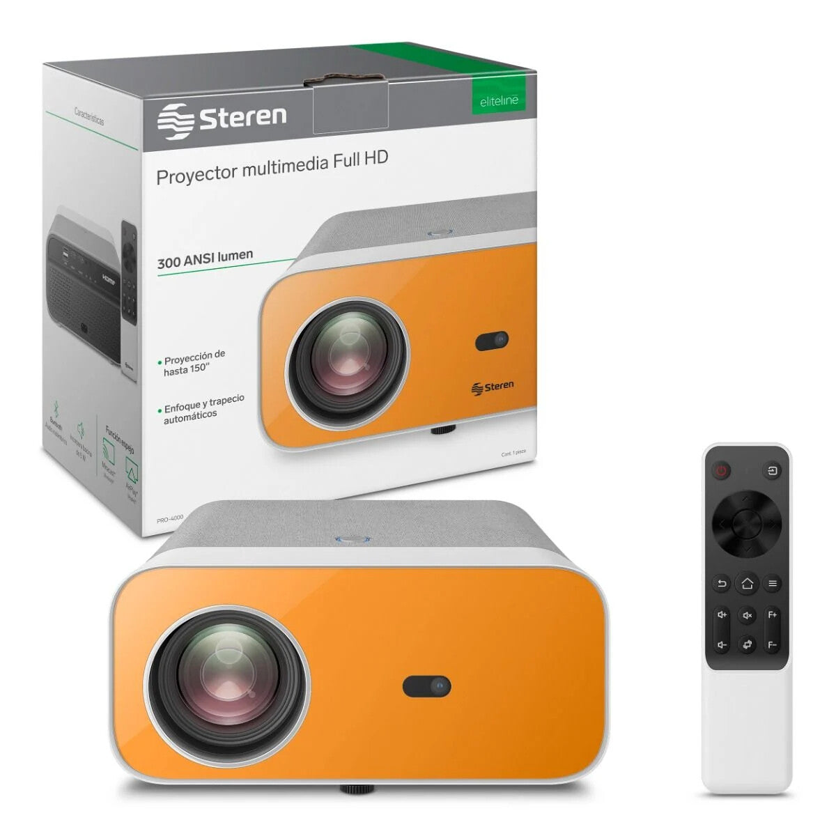 Steren PRO-4000 video proyector Proyector de alcance estándar 300 lúmenes ANSI 1080p (1920x1080) Gris, Naranja, Blanco