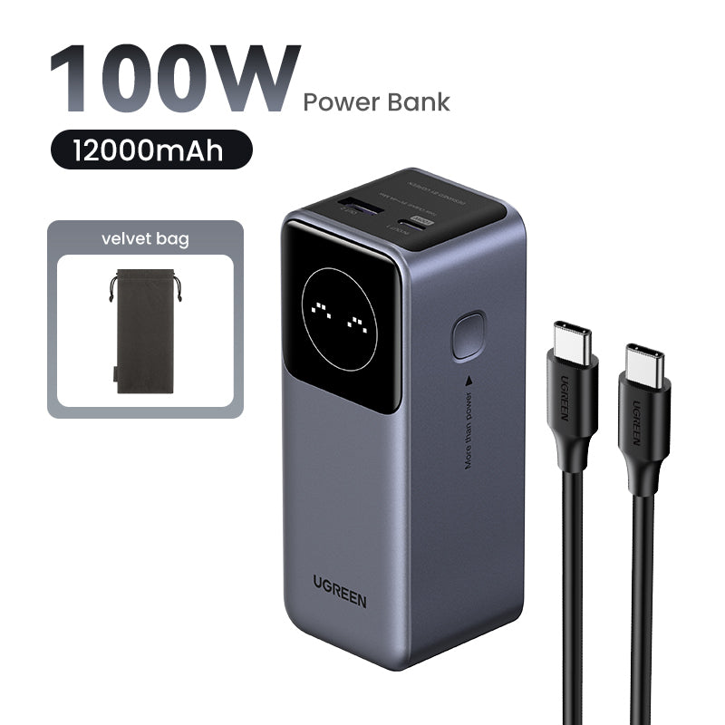 Power Bank de 12000mAh | 2 Salidas 100W Max. | USB-A + 1 USB-C | PD 3.0 | QC3.0 | FCP | SCP | Pantalla Inteligente | Carcasa Ignifuga | Color Gris | Incluye Cable USB de 50cm | Carga tu Laptop de Manera Segura.
