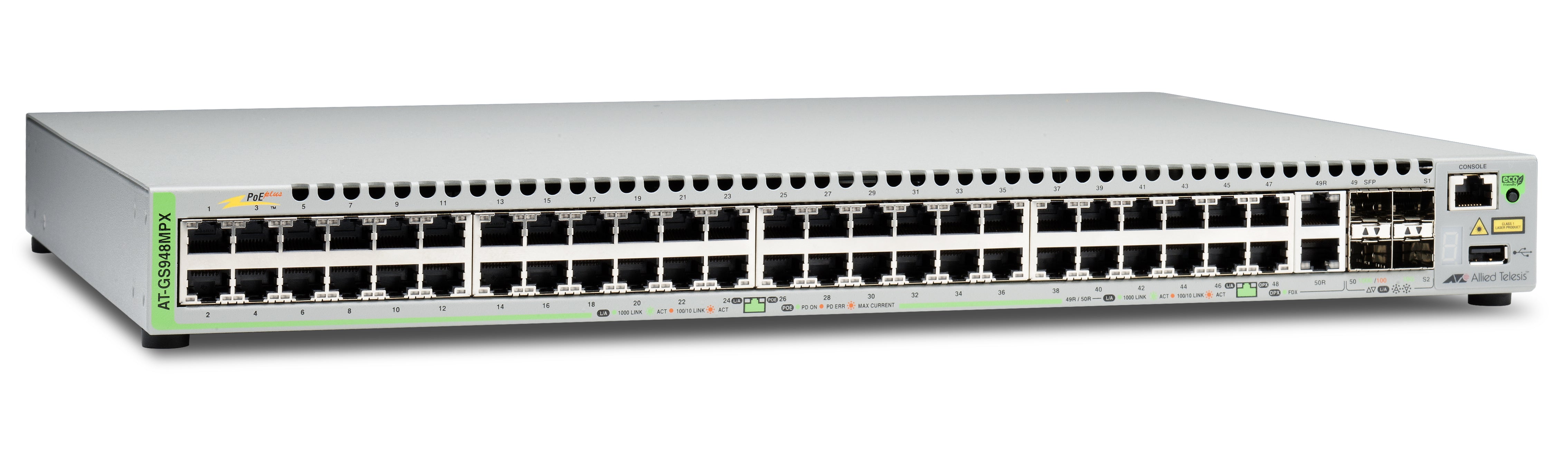 Switch PoE+ Stackeable Capa 3, 48 puertos 10/100/1000 Mbps + 2 puertos SFP Combo + 2 puertos SFP+ 10 G Stacking, 370 W