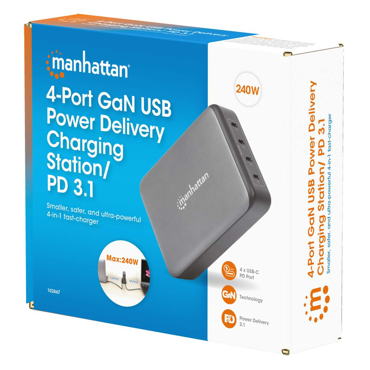 Manhattan Cuatro puertos USB-C PD con hasta 140 W por puerto, 240 W de salida total, Power Delivery 3.1, negro