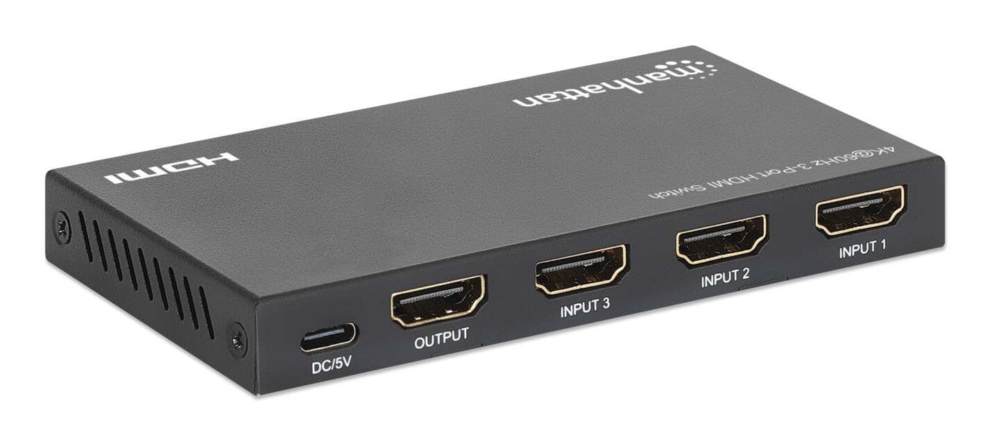 Manhattan Alterna entre tres entradas HDMI en una salida HDMI (3x1), 4K60Hz, 18G, conmutación automática y manual, mando a distancia por infrarrojos, negro