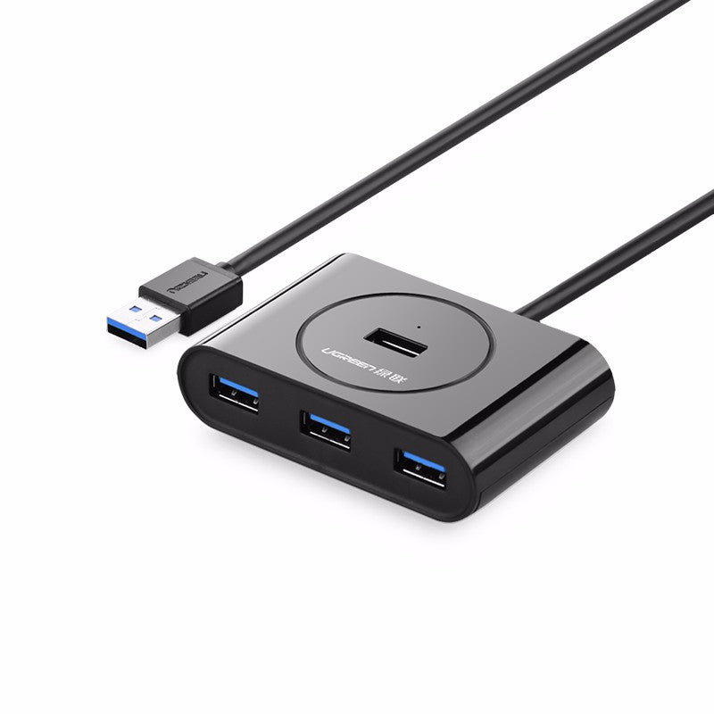 HUB USB-A 3.0 4 en 1 | 4 Puertos USB-A 3.0 (5Gbps) | Entrada USB-C (PD 5V2A) | Cable de 1 Metro | Indicador Led | Ideal para Transferencia de Datos | Entrada USB-C para alimentar equipos de mayor consumo | Color Negro.