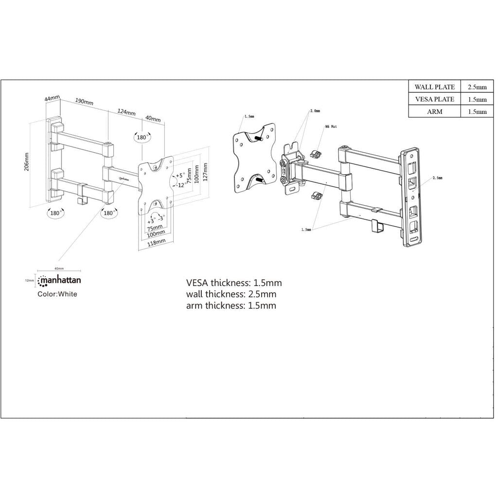 Manhattan Soporte para monitor, de pared, movimiento articulado, pantalla plana de 13" a 27" máximo 20 kg