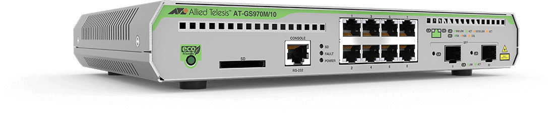 Switch Administrable CentreCOM GS970M, Capa 3 de 8 Puertos 10/100/1000 Mbps + 2 puertos SFP Gigabit