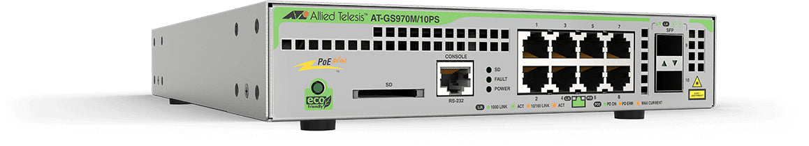 Switch PoE+ Administrable CentreCOM GS970M, Capa 3 de 8 Puertos 10/100/1000 Mbps + 2 SFP Gigabit, 124 W