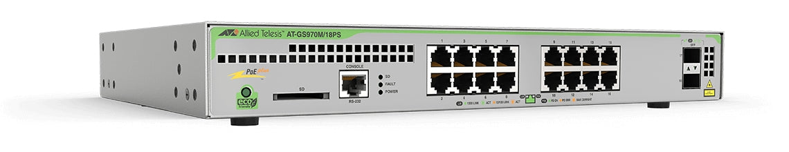 Switch PoE+ Administrable CentreCOM GS970M, Capa 3 de 16 Puertos 10/100/1000 Mbps + 2 SFP Gigabit, 247 W