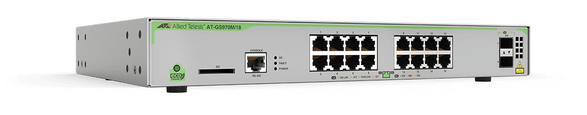 Switch Administrable CentreCOM GS970M, Capa 3 de 16 Puertos 10/100/1000 Mbps + 2 puertos SFP Gigabit