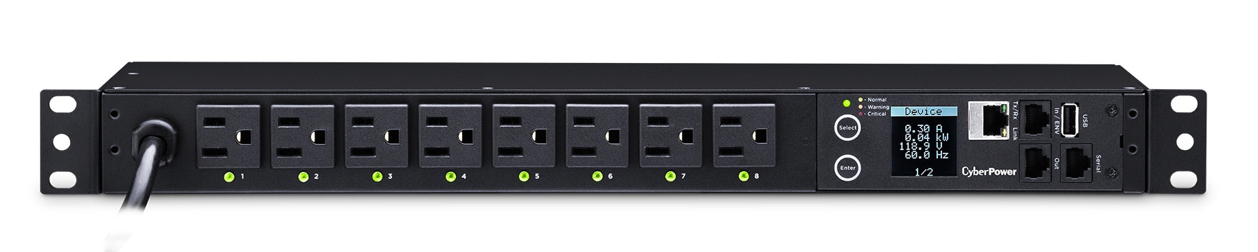 PDU Switchable por Toma, Para Distribución de Energía, Entrada 120 Vca NEMA 5-15P, Con 8 Salidas NEMA 5-15R, Horizontal 19in, 1UR