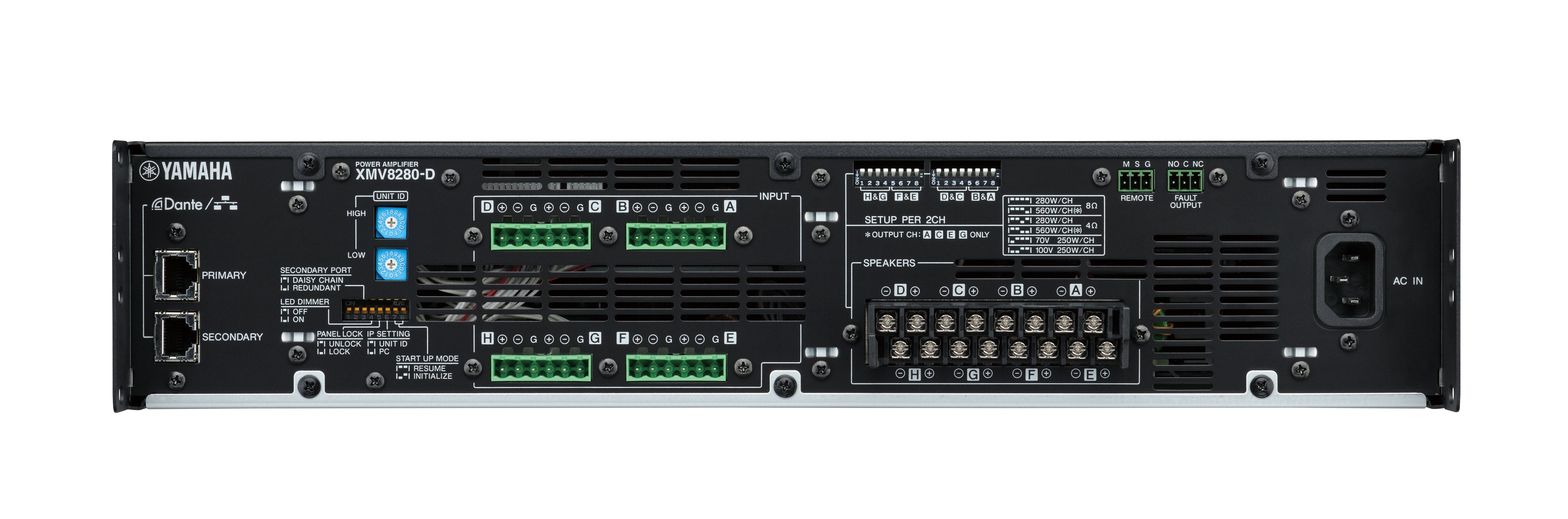 Amplificador de Audio Multicanal con Conexión Análoga / DANTE | 8 Canales, 280W | 8 OHMS | 70/100V