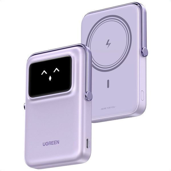 Power Bank Serie UNO Inalambrico | 10000mAh | 7.5W/20W  |  Con Emojis de Estado | Carga Rápida USB-C Bidireccional  | Pantalla TFT  Inteligente | Con Holder | Color Purple.