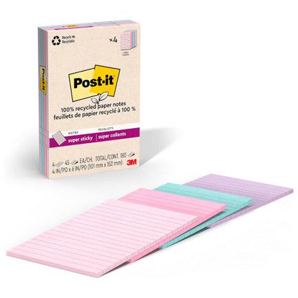 3M Post-it Super Sticky Lined Pastel 4x6 in (10.16x15.24 cm) pad with 45 packs of 4 pads
