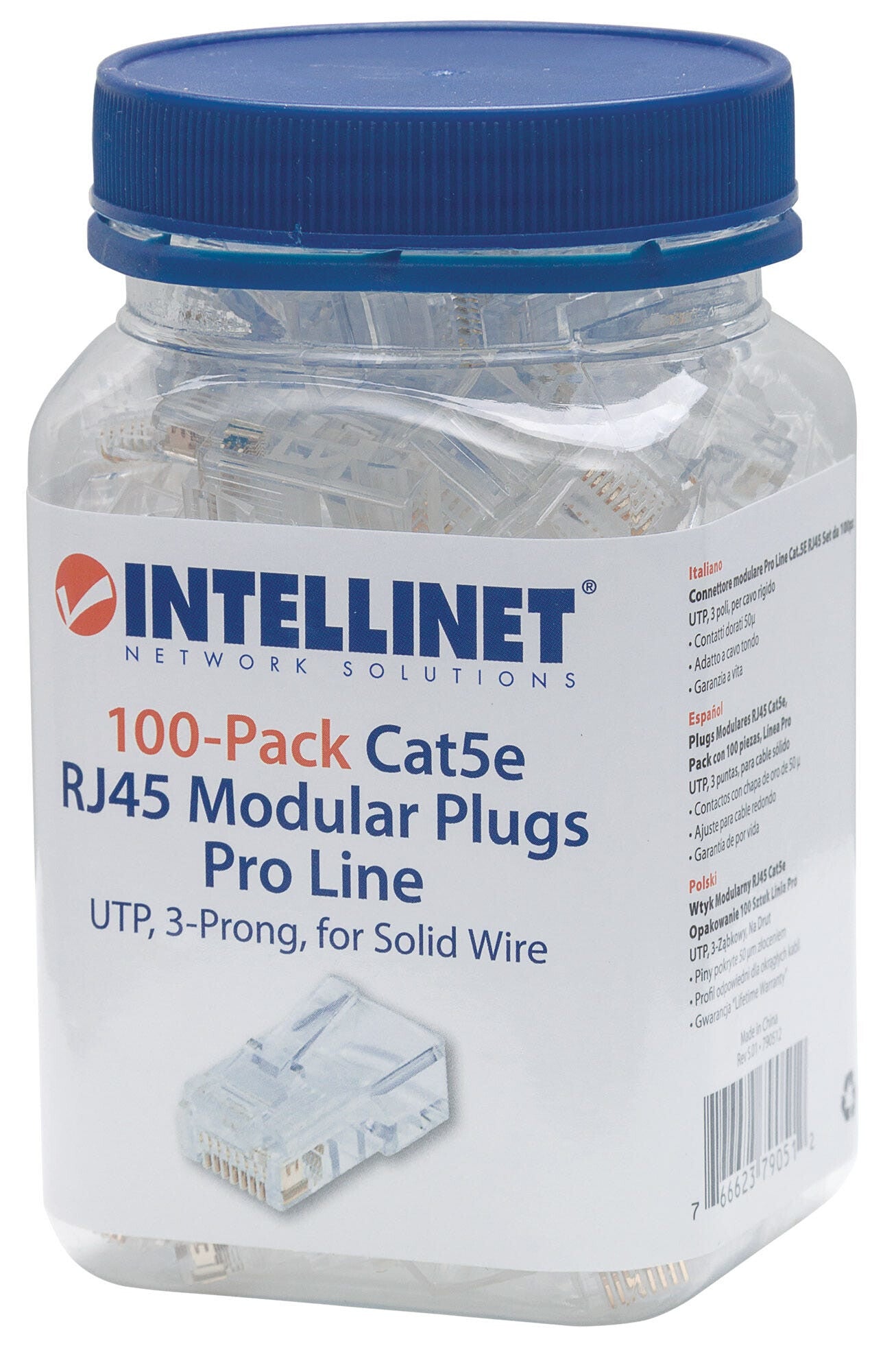 Intellinet PLUG RJ45 CAT5E SOLIDO UTP BOTE 100 PZAS ORO 50-MICRAS PRO