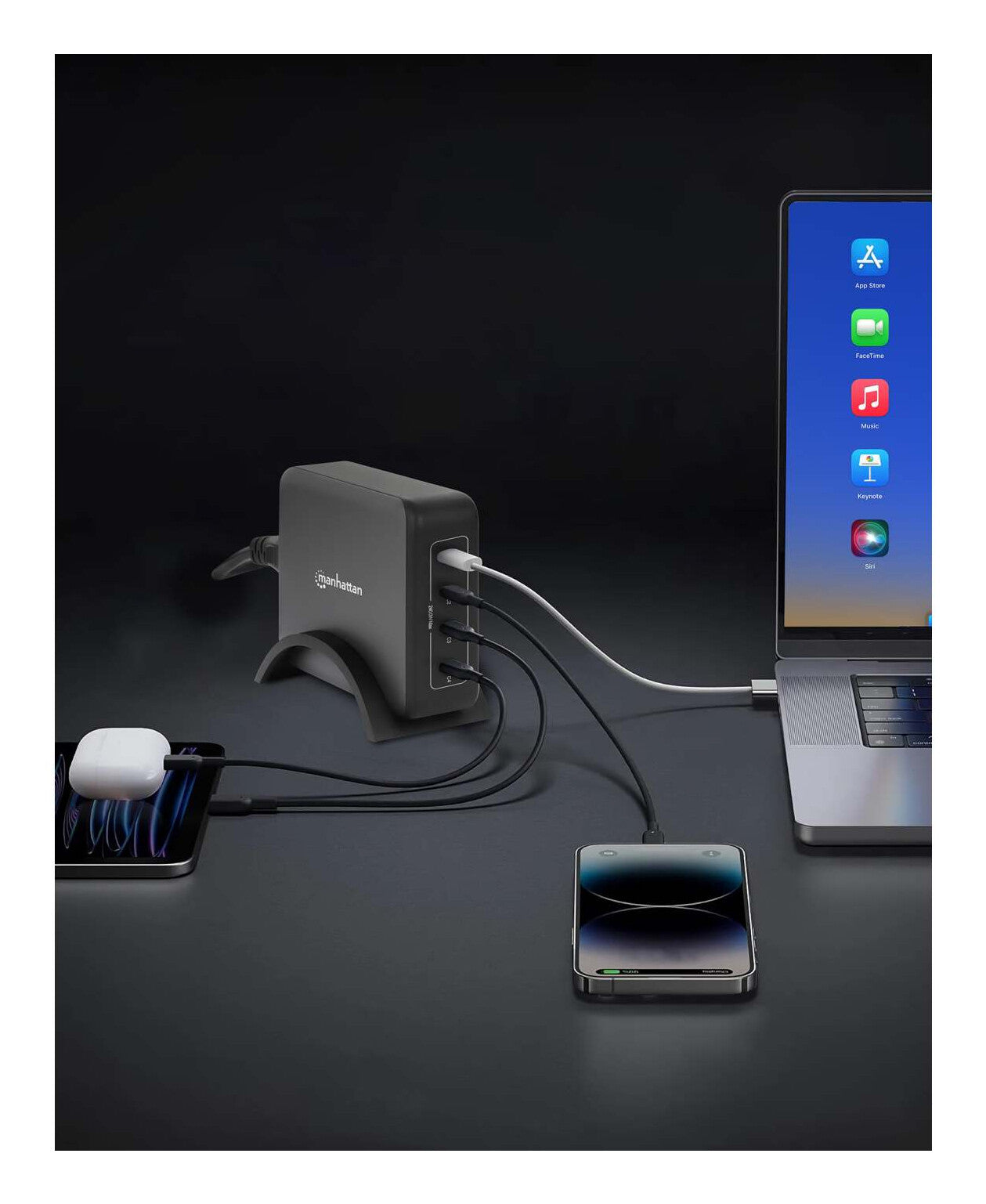 Manhattan Cuatro puertos USB-C PD con hasta 140 W por puerto, 240 W de salida total, Power Delivery 3.1, negro