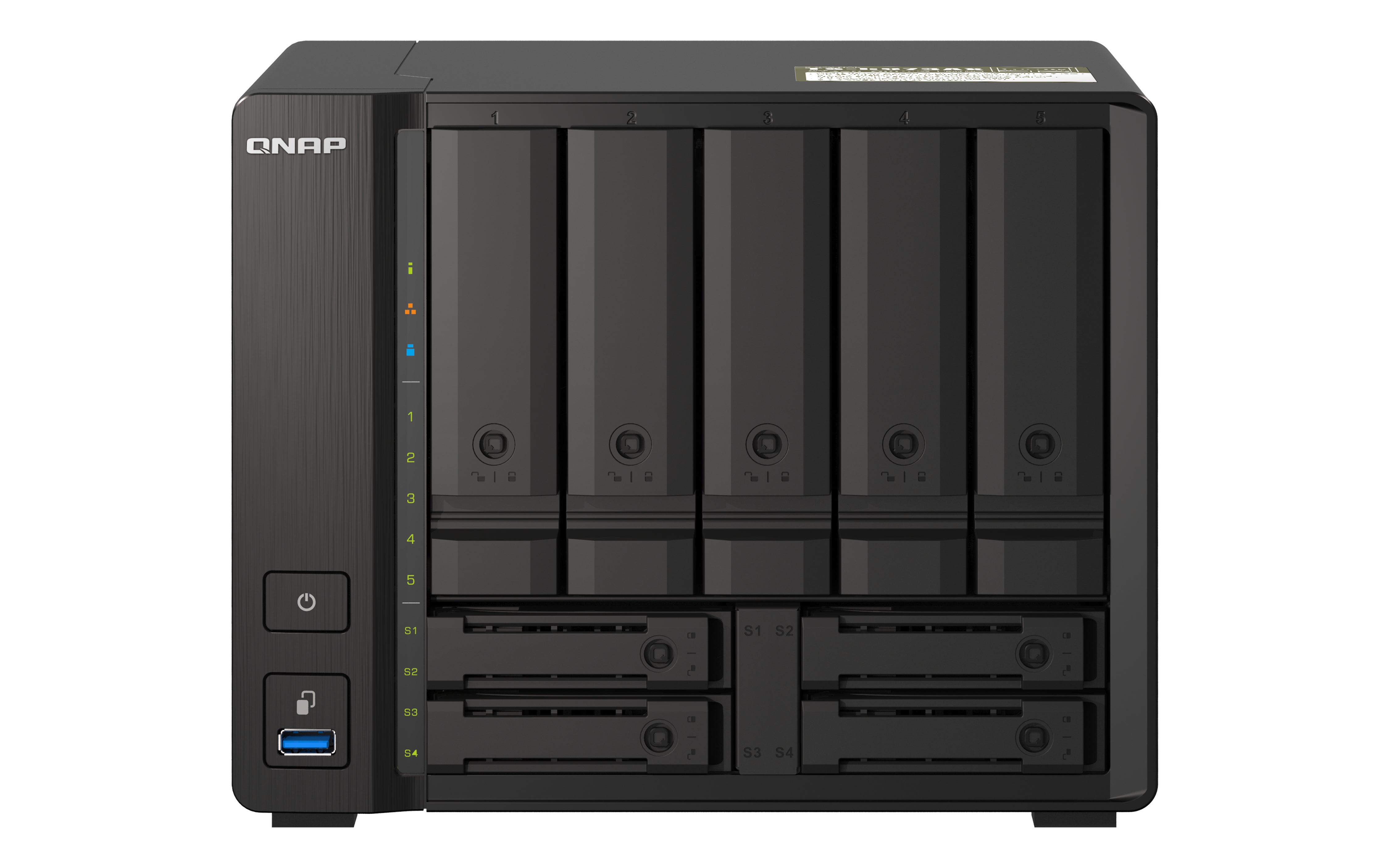 NAS QNAP TS-H973AX-8G/ 9 BAHIAS /5 DE 3,5 4 DE 2,5/NUCLEO CUADRUPLE 2.2GHZ/8GB DDR4 SODIMM HASTA 64GB/2 PTO 2,5 GBE/1 PTO 10 GBE /USB 3.2 X3/ HOTSWAP/ NO INCLUYE DISCOS/ AMD