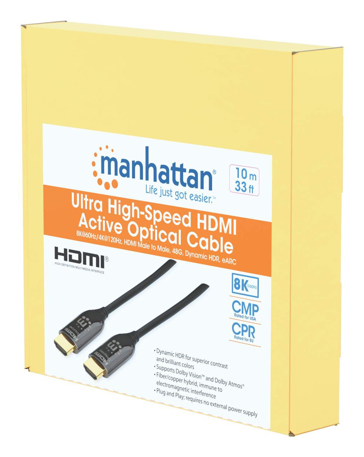 Manhattan AOC (Cable Óptico Activo) HDMI macho a macho, 15 m (50 pies), con clasificación CMP/CPR, compatible con 4K@120Hz, 48G, HDR dinámico, HEC, eARC, contactos chapados en oro, negro Número de modelo: 356152