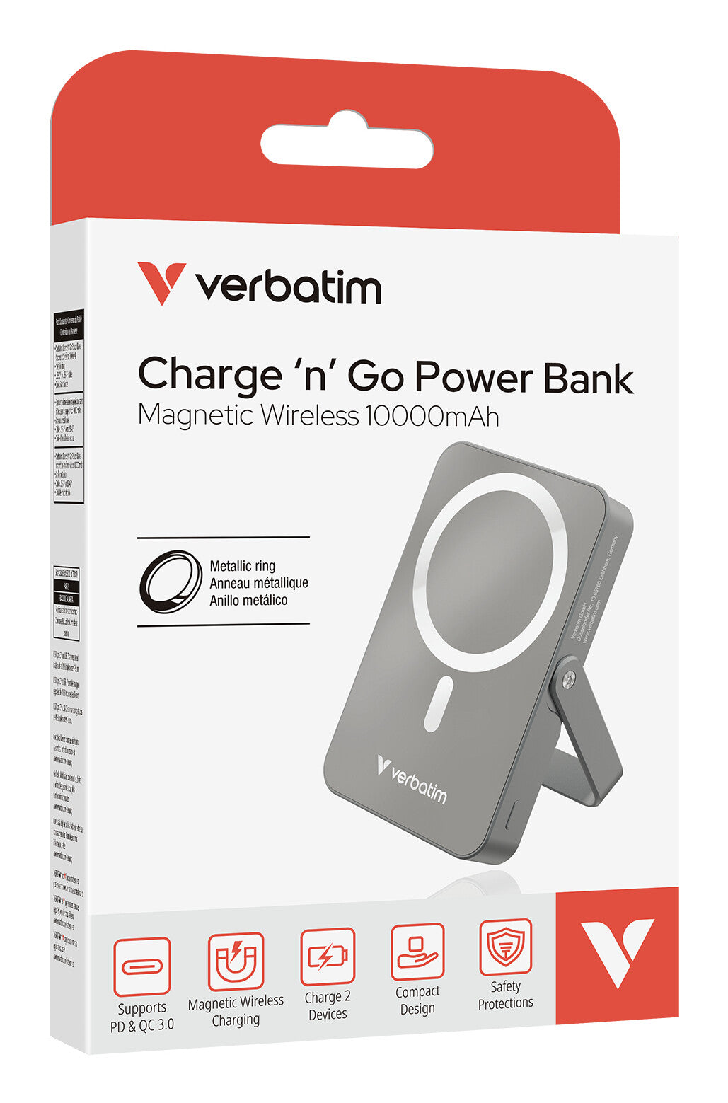Verbatim Charge 'n' Go Magnetic Wireless Polímero de litio 10000 mAh Cargador inalámbrico Gris
