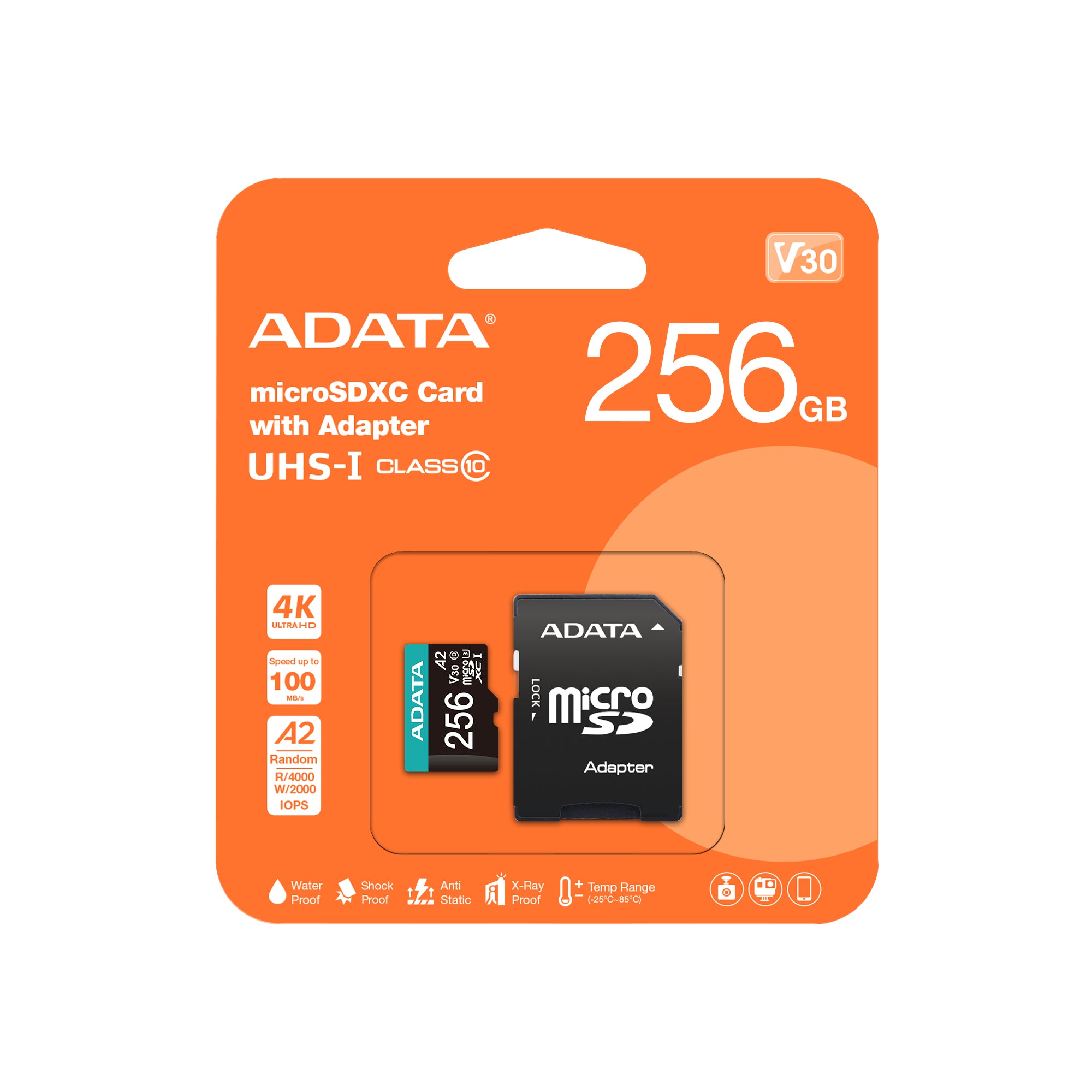 MEMORIA ADATA MICRO SDXC/SDHC 256GB UHS-I 100MB/85MB CLASE 10 V30 A2 C/ADAPTADOR AUSDX256GUI3V30SA2-RA1
