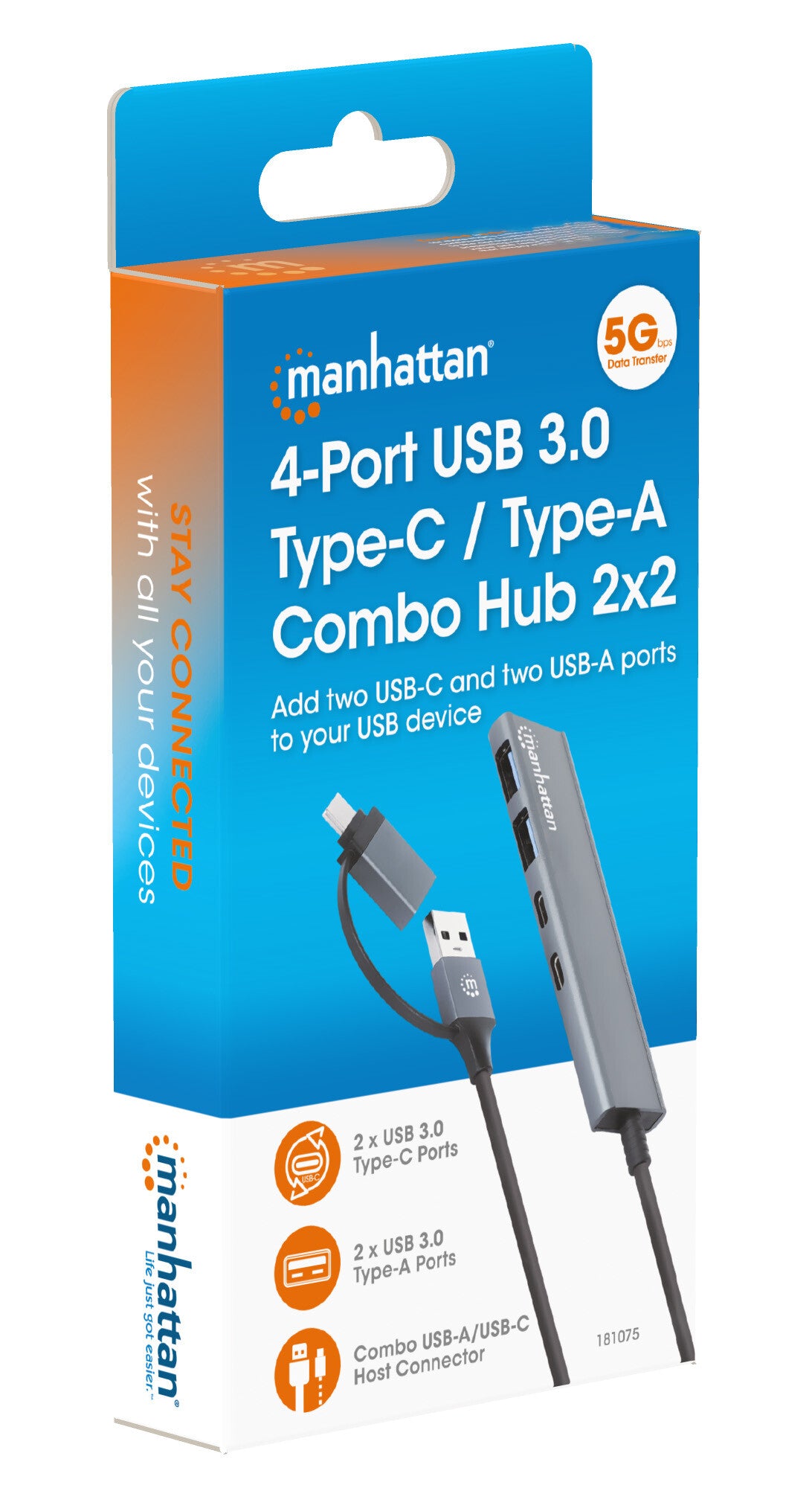 Manhattan Conector adaptable de USB-A macho a USB-C macho, dos puertos USB-C hembra y dos puertos USB-A hembra, USB SuperSpeed a 5 Gbps (USB 3.2 Gen 1), alimentación por bus, aluminio, gris espacial