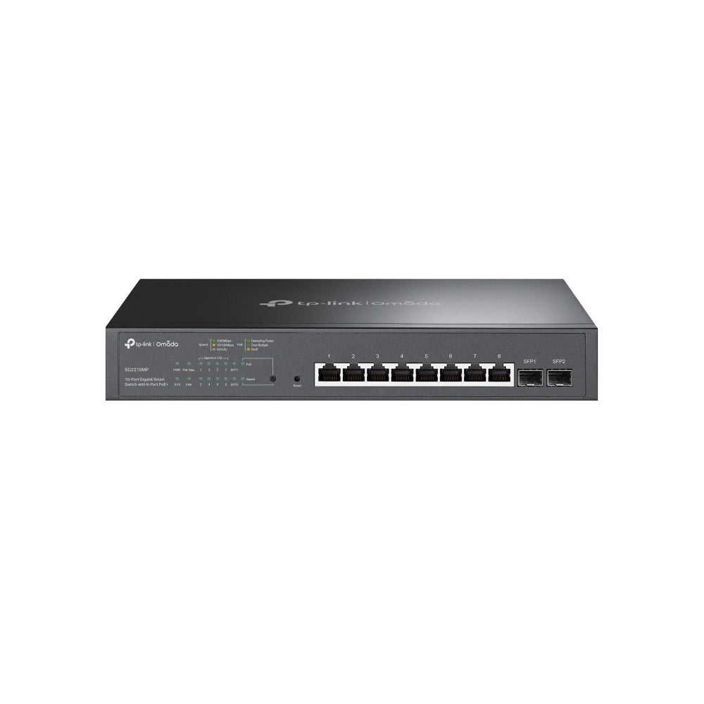 SWITCH TP-LINK SG2210MP GIGABIT ADMINISTRABLE OMADA SDN 8 PUERTOS POE CAPA 2 CON 2 RANURAS SFP GIGABIT 802.3AT/AF 150W PARA ESCRITORIO O RACK