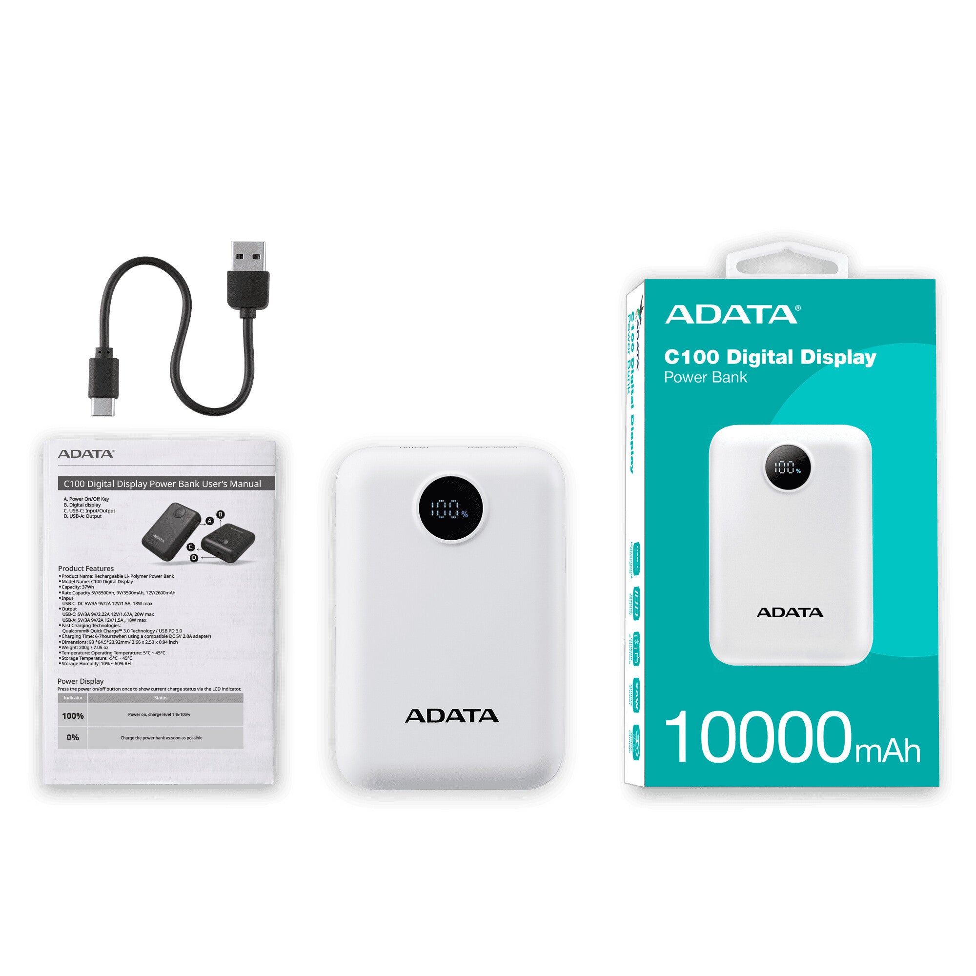 ADATA C100 Polímero de litio 10000 mAh Blanco