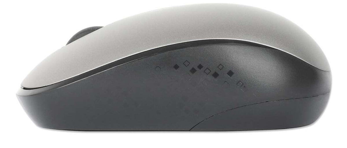 Manhattan Un solo receptor USB-A Nano para ambos, teclado inalámbrico con 12 teclas multimedia/función, mouse óptico ambidiestro con tres botones y rueda de desplazamiento, 1200 ppp, negro/plateado