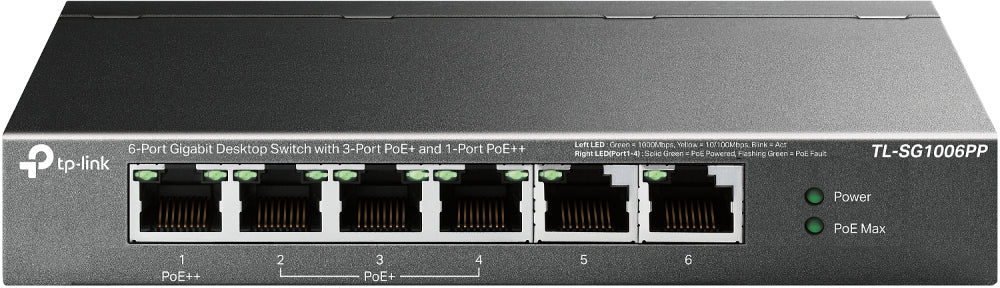SWITCH | TP-LINK | TL-SG1006PP | SWITCH GIGABIT | 5 PUERTOS | 3 PUERTOS POE+ | 1 PUERTO POE++ | HASTA 250M | CARCASA METAL | POTENCIA POE 64W | IDEAL PARA VIDEOVIGILANCIA