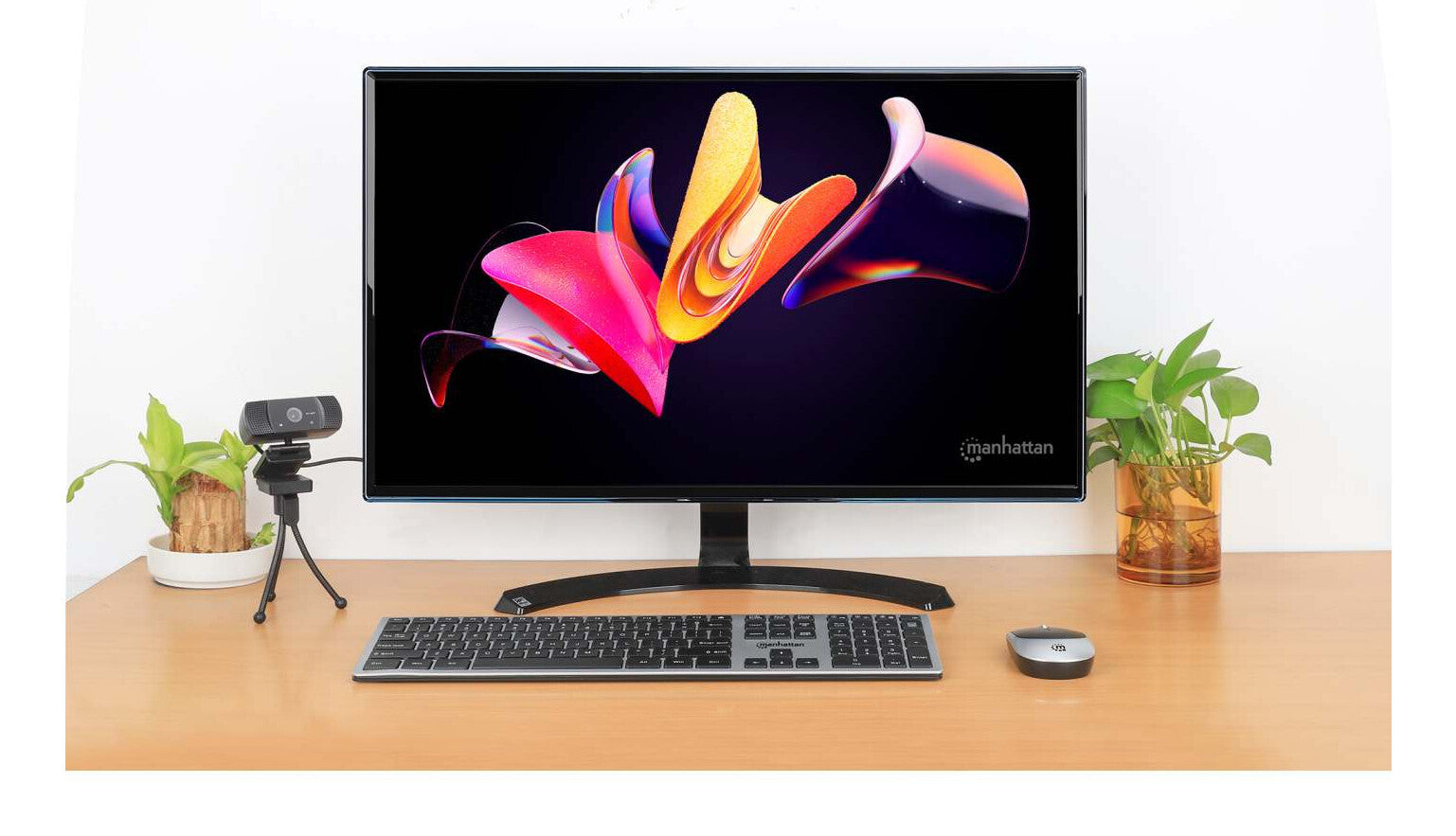 Manhattan Diseño elegante, un solo receptor USB-A Nano para ambos, teclado inalámbrico de tamaño normal, mouse óptico ambidiestro con tres botones y rueda de desplazamiento, 1200 ppp, plateado/negro