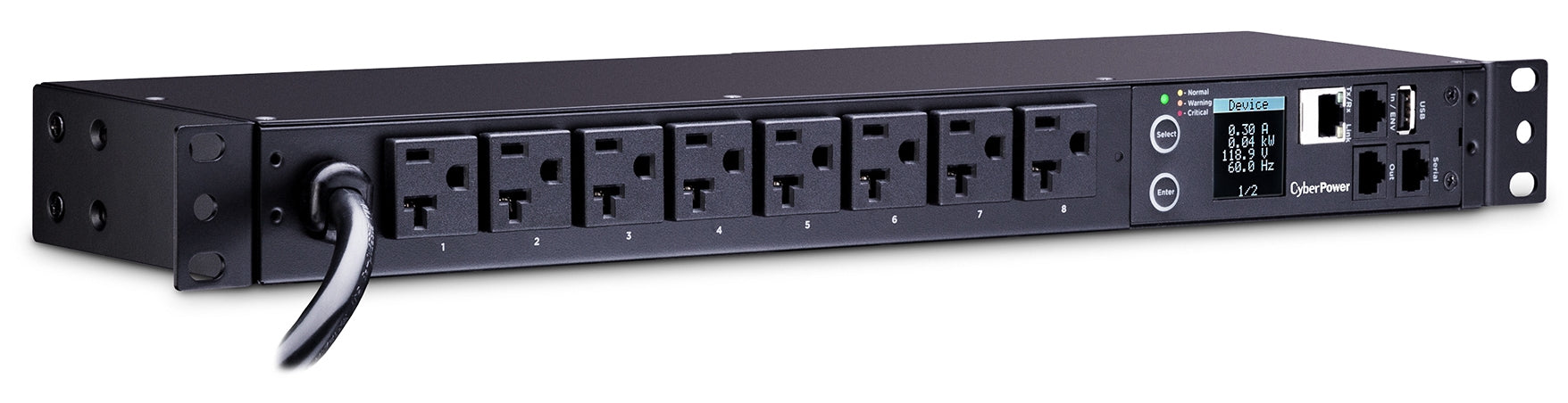 PDU MONITOREADO CYBERPOWER (PDU31002) 100-120VAC, 20A (16A DERATED), MONITOREO REMOTO, LCD A COLOR CONFIGURABLE Y HOT-SWAPPABLE, 1U RACK, 8 NEMA 5-20R, ENTRADA NEMA L5-20P, PUERTO ETHERNET, USB Y SER