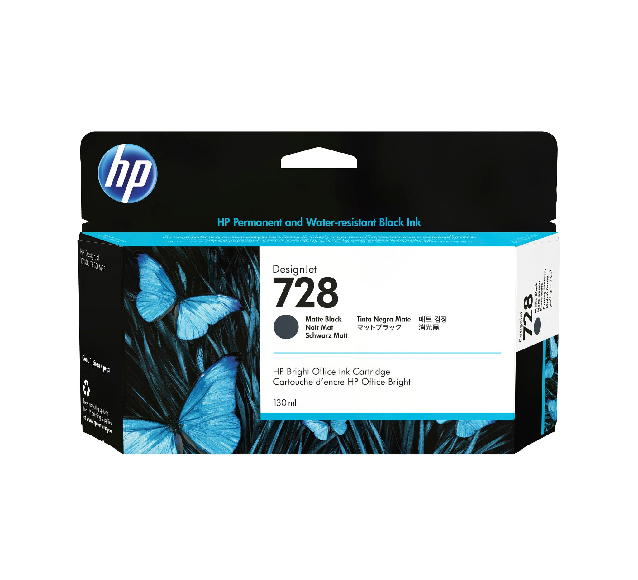HP Cartucho de tinta DesignJet 728 de 130 ml, negro mate