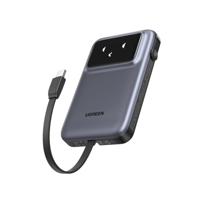 Power Bank Serie Uno |  10000mAh | 30W |  con Cable USB-C Incorporado | 2 Salidas 30W Max. | Pantalla Inteligente | Carcasa Ignifuga | Aprobado por Aerolíneas.| Color Grey.