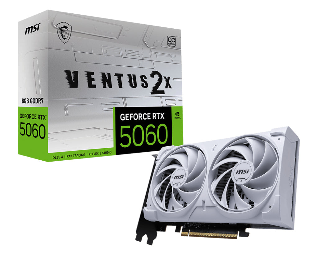 TARJETA DE VIDEO MSI GEFIORCE RTX 5060 8G VENTUS 2X OC WHITE PCIE4 X 8/8GB/GDDR6/ESTANDAR/1HDMI/1XDP/DL-DVI-D X 1GAMA MEDIA /GAMER