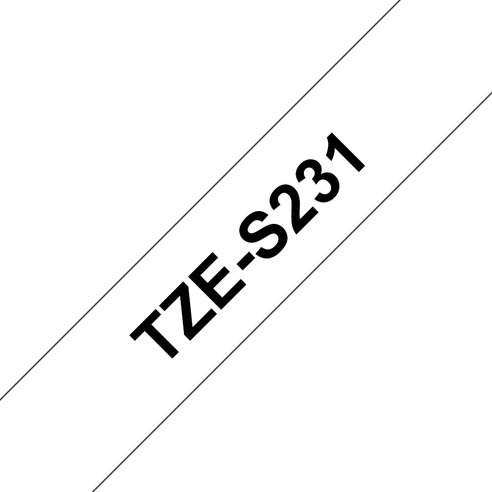 Cinta Brother TZeS231 Laminada Súper Adhesiva Texto Negro Fondo Blanco 12mmx8m